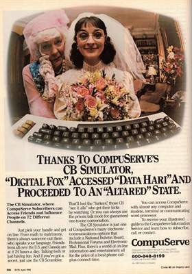 A CompuServe advertisement showing a bride and an older woman behind a keyboard. The headline reads: Thanks to CompuServe's CB Simulator, Digital Fox accessed Data Hari and proceeded to an altared state.