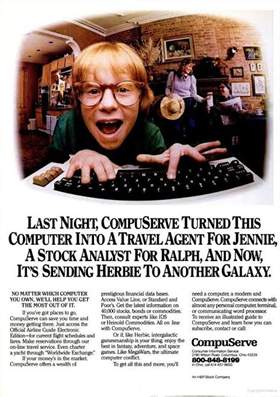 A CompuServe advertisement: a wide-eyed boy in large glasses leaning over a keyboard, family behind him. The headline reads: Last night, CompuServe turned this computer into a travel agent for Jennie, a stock analyst for Ralph, and now, it's sending Herbie to another galaxy.