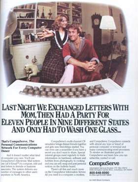 A CompuServe advertisement: a couple at a home computer in a study, arms raised. The headline reads: Last night we exchanged letters with Mom, then had a party for eleven people in nine different states and only had to wash one glass.