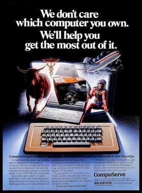 A CompuServe advertisement: an airliner, a bull, a cheque and a boxed parcel rising out of a home computer keyboard. The headline reads: We don't care which computer you own. We'll help you get the most out of it.